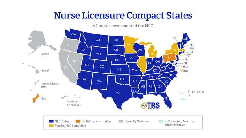 Nurse Licensure Compact map of the U.S., outlining enacted states, pending legislation, and more.