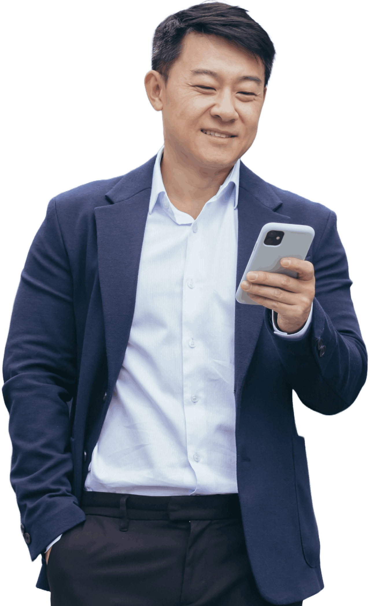 Cutout of an Asian businessman looking at his smartphone against a transparent background