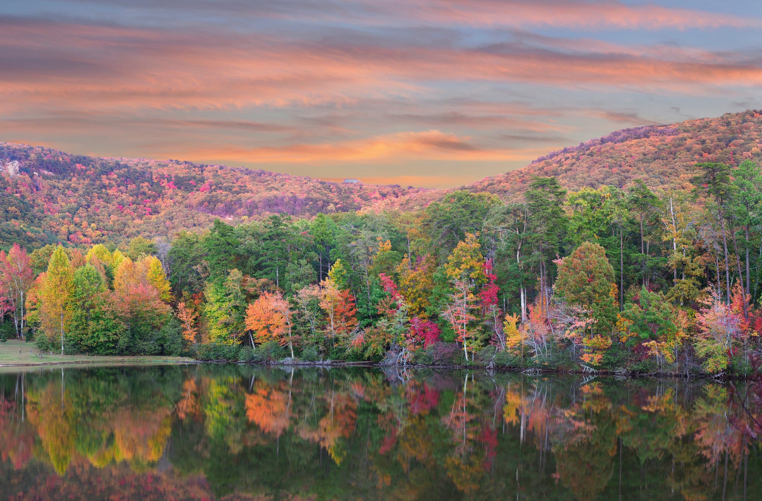 Panorama of the Beautiful Fall Foliage Reflected in the Lake at Cheaha State Park, Alabama