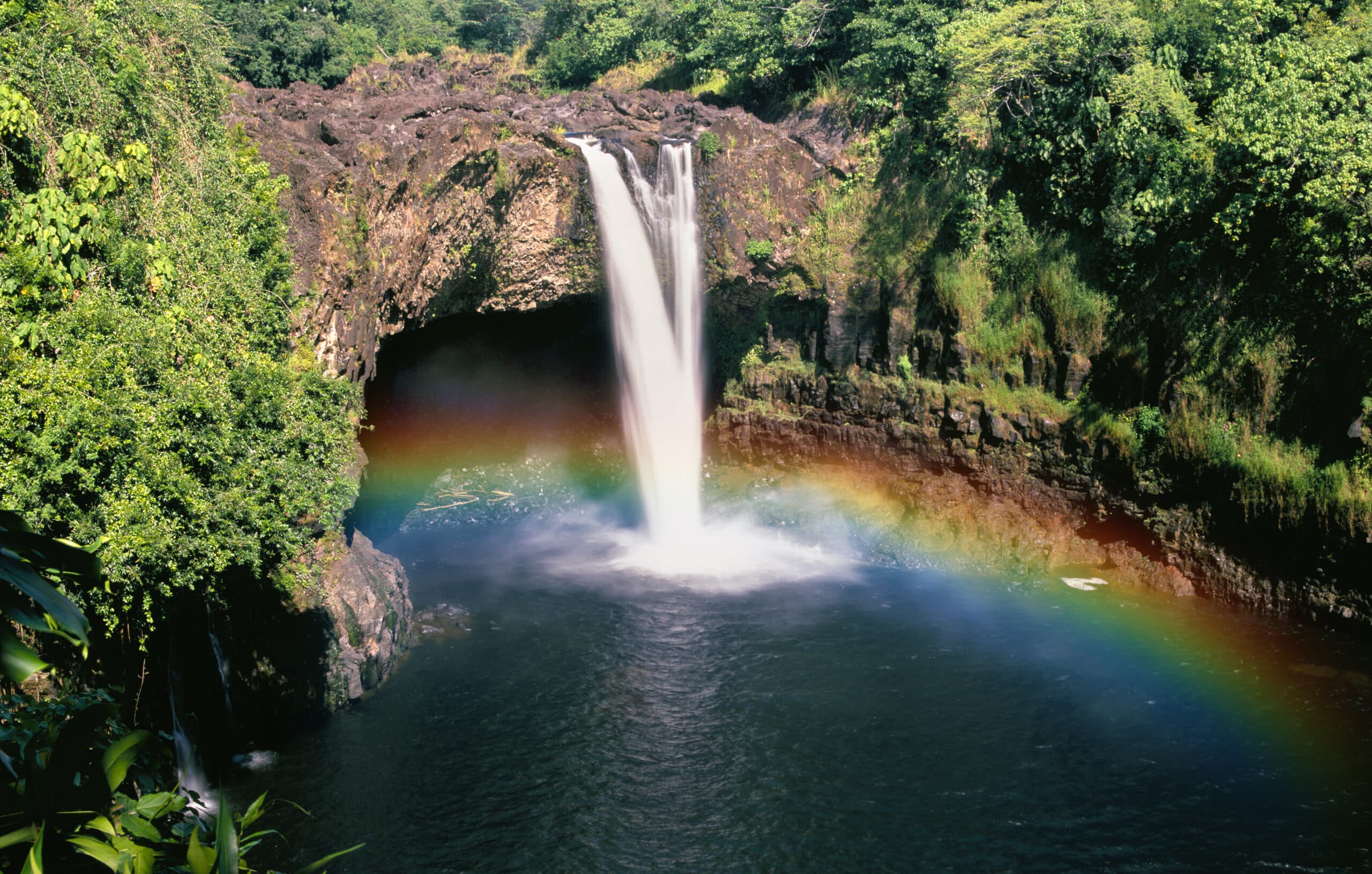 Beautiful Rainbow Waterfalls in Paradise on the Big Island in Hawaii. Wailua Waterfall near the island capital Lihue on the island of Kauai, Hawaii