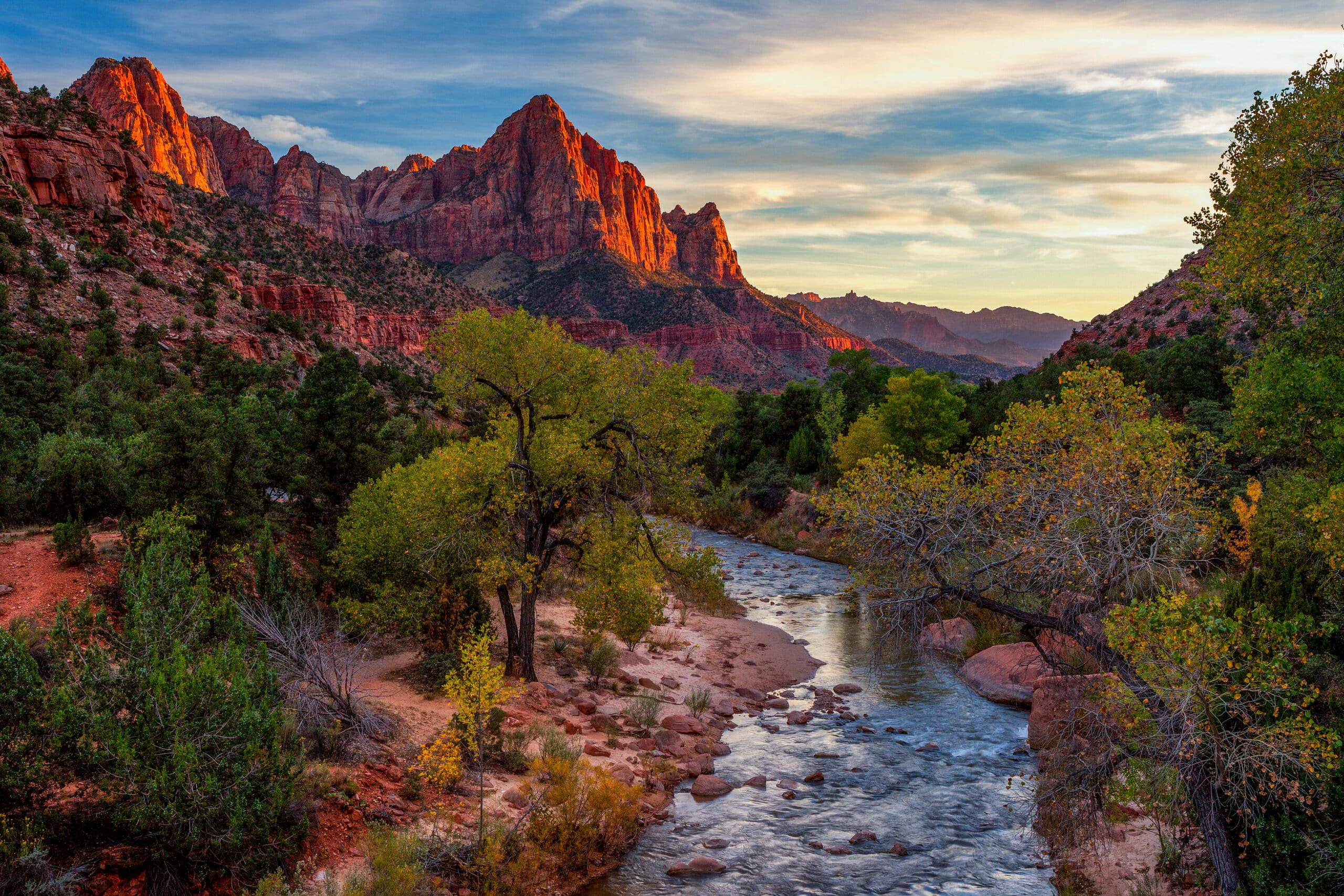 View of the Watchman mountain and the virgin river in Zion National Park located in the Southwestern United States near Springdale, Utah