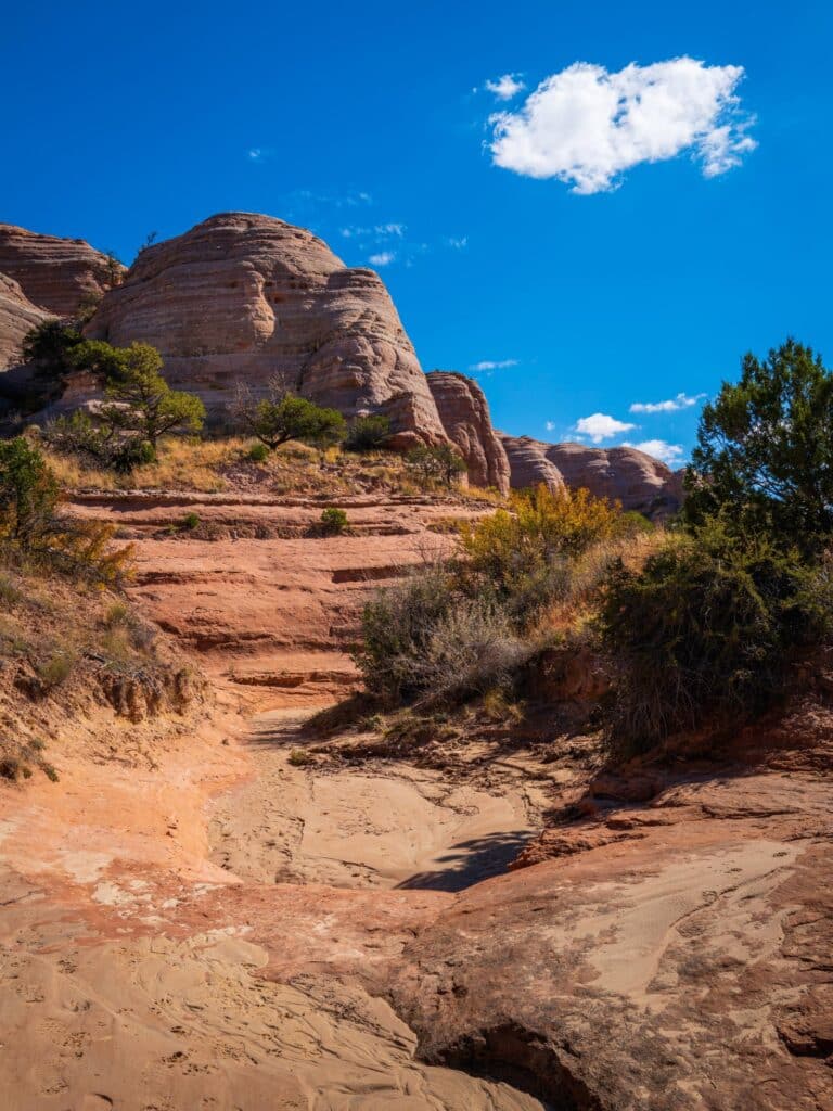 Red rock mountain and hills with eroded rock walls along the Church Rock Trails in Red Rock Park in Gallup, McKinley County, New Mexico, USA