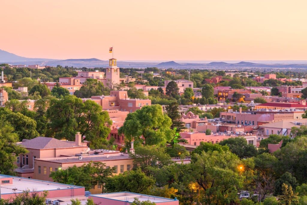 Santa Fe, New Mexico, USA downtown skyline at dusk.
