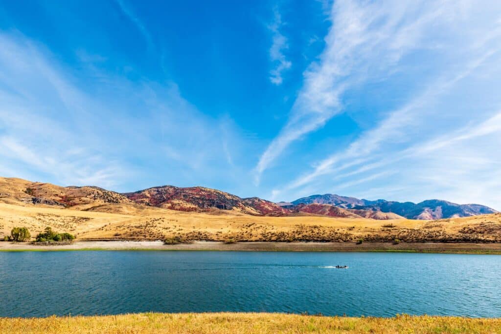 Beautiful scenery of a Lake and mountains while heading towards Pocatello in Idaho off the I-15 Freeway on the old 191 highway